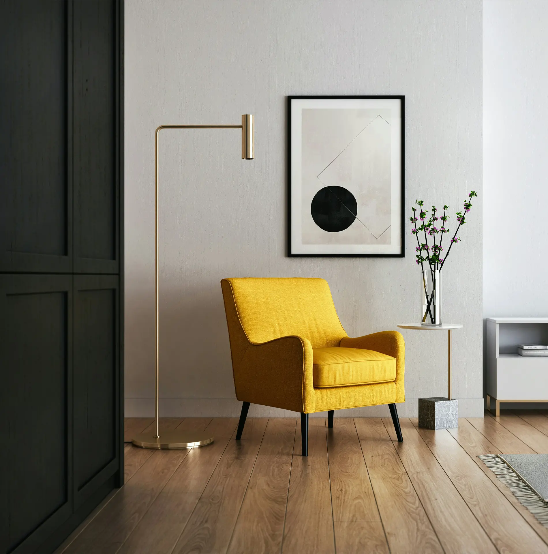 Minimalist living room corner featuring a mustard-yellow armchair